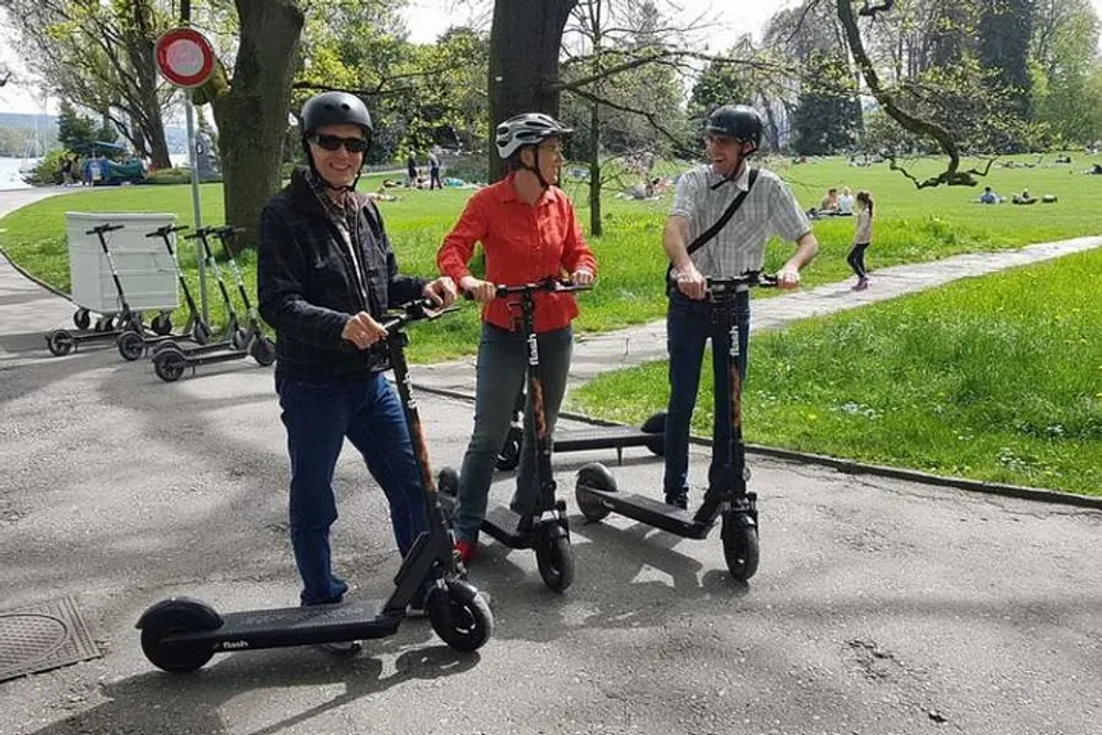 Three individuals wearing helmets are standing with electric scooters on a park pathway enjoying a sunny day outdoors