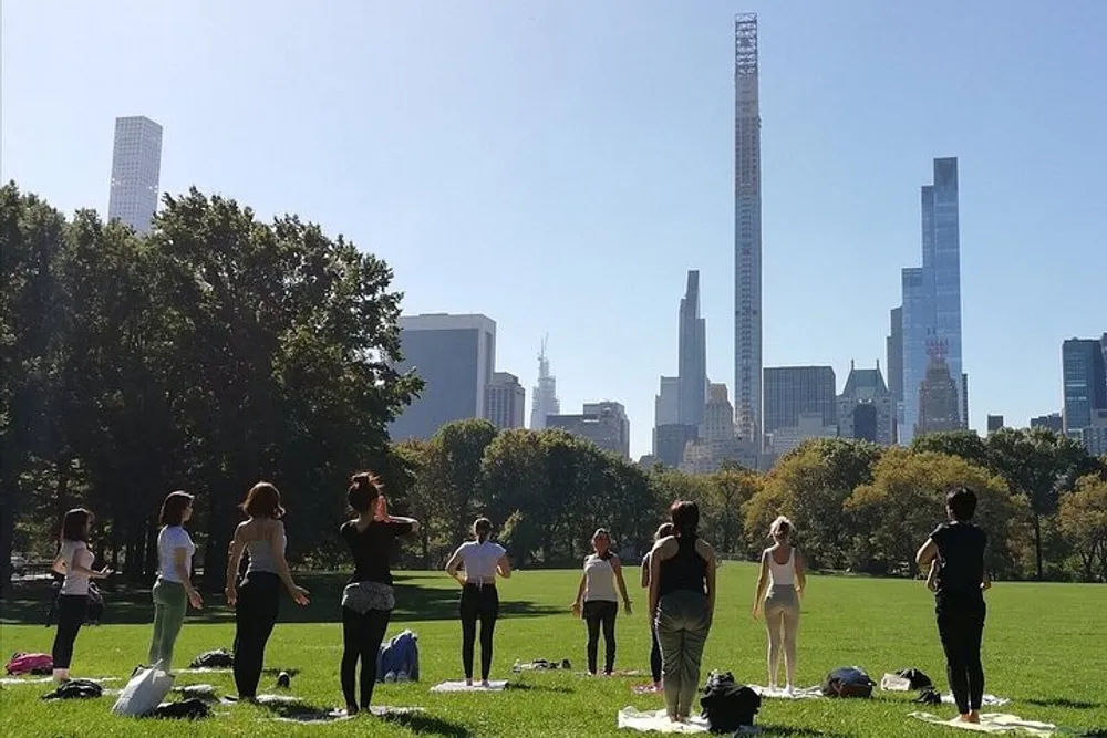 A group of people is participating in an outdoor exercise class in a park with a backdrop of skyscrapers under a clear sky