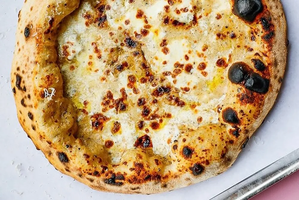 The image shows a freshly baked pizza with a golden-brown crust and melted cheese speckled with charred spots typical of a wood-fired oven