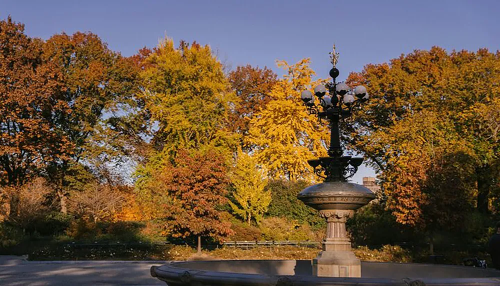 An ornate lamp post stands by a fountain in a park with colorful autumn trees in the background