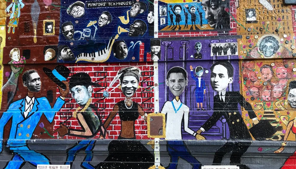 The image shows a colorful and vibrant street mural featuring an array of figures and portraits evoking a sense of cultural and historical significance