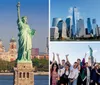 A group of cheerful people are posing for a photo with the Statue of Liberty in the background