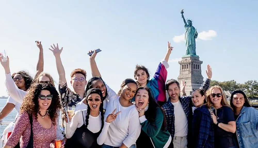 A group of cheerful people are posing for a photo with the Statue of Liberty in the background