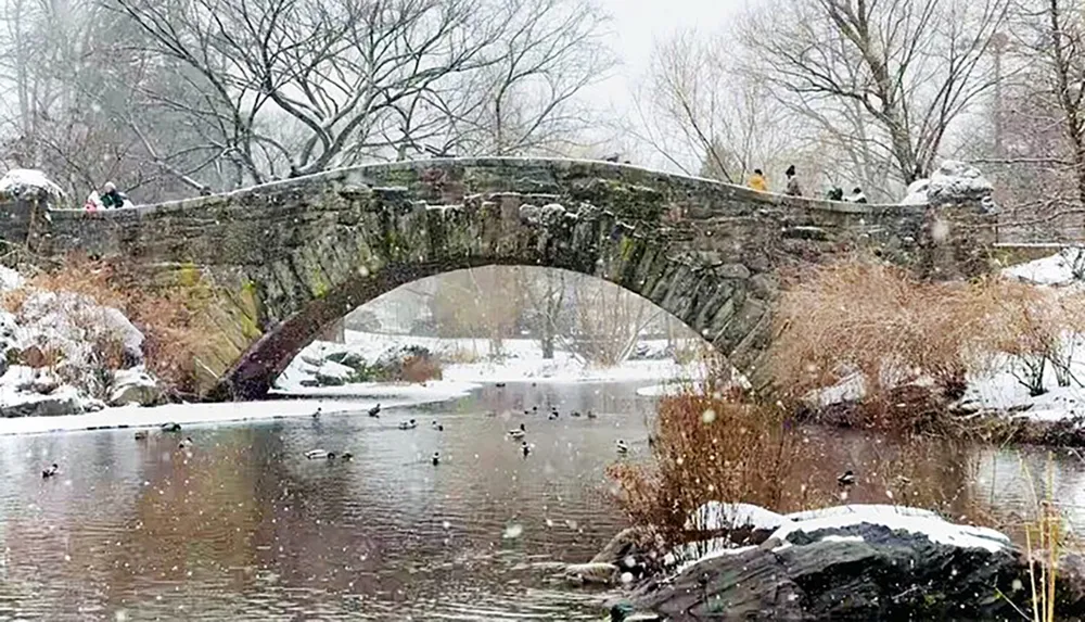 An old stone bridge dusted with snow spans a frozen river where ducks swim while people traverse and admire the serene winter scene