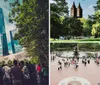 People enjoy a sunny autumn day in a park with a fountain and colorful trees with a backdrop of skyscrapers