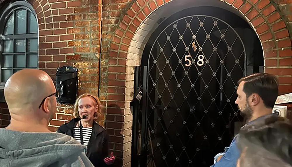 A group of people including a woman with a microphone appear to be on a guided tour standing in front of a brick building with a black door marked with the number 58