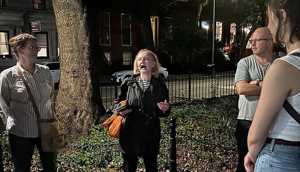 A woman appears to be telling a story or explaining something with emotion to a group of listeners in an outdoor evening setting