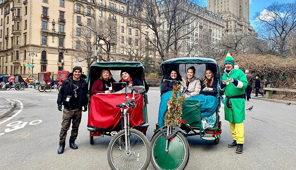 This image shows a group of people enjoying a rickshaw ride in a city park with one person dressed as an elf suggesting a festive holiday atmosphere