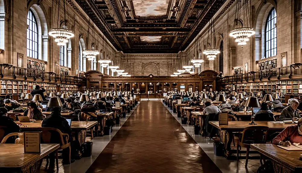 The image shows the grand interior of a historic library bustling with readers and researchers sitting at wooden tables illuminated by warm desk lamps and surrounded by shelves of books under an ornate ceiling