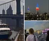 A ferry named Seaport Princess is docked near a pier with the Manhattan Bridge and the New York City skyline in the background