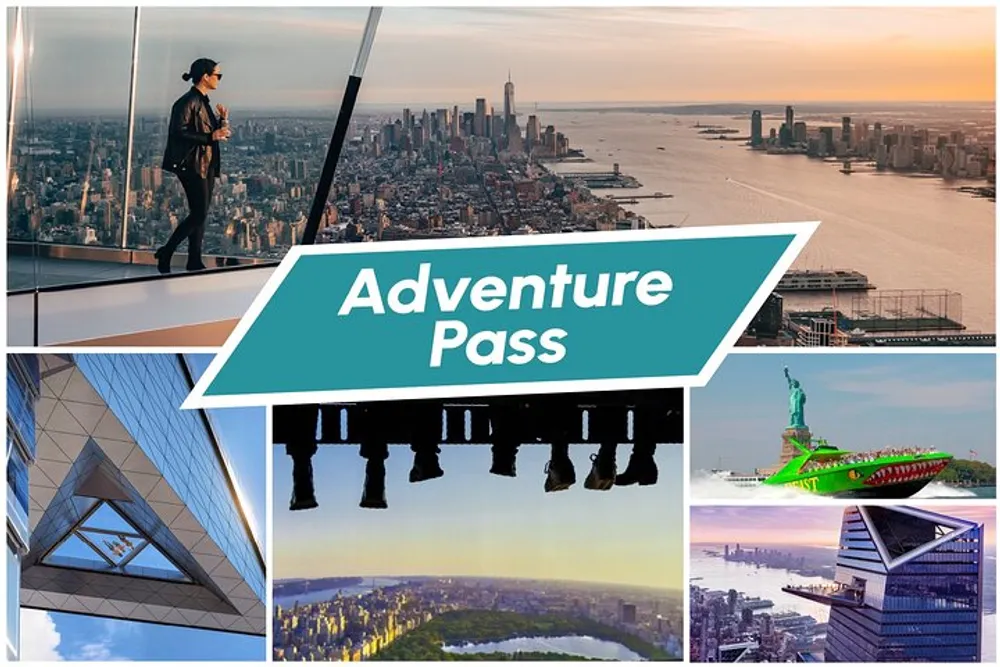 The image is a collage promoting an Adventure Pass featuring views of iconic New York City landmarks and experiences such as a person enjoying the cityscape from a high vantage point a close-up of a landmark building people on an amusement park ride aerial views of Central Park and the Statue of Liberty and a modern architectural structure