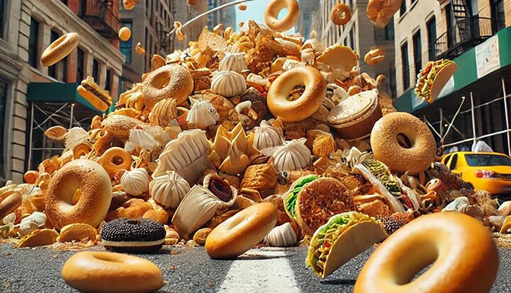 The image depicts a surreal and chaotic scene of an avalanche of oversized baked goods and snacks cascading down a city street