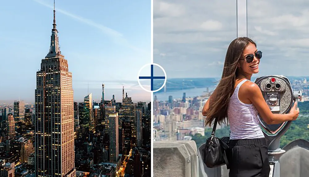 This split image contrasts the Empire State Building and New York Citys skyline with a woman enjoying the view through a tower viewer