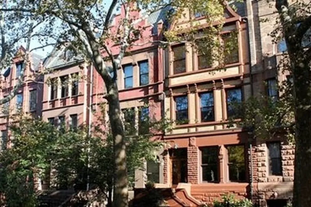 The image shows a row of traditional red-brick townhouses with bay windows and ornate detailing obscured partially by leafy trees under a clear blue sky