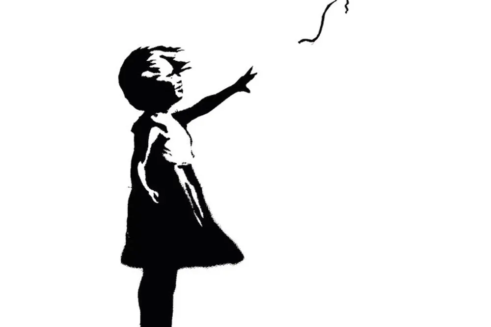 The image features a stencil-style silhouette of a girl reaching towards a heart-shaped balloon against a white background