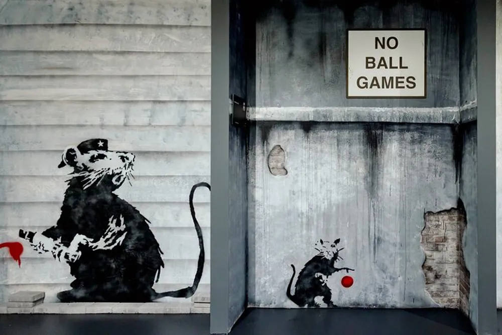 The image shows a street art mural depicting two monochromatic rats one larger with a baseball cap looking down at a smaller rat with a slingshot next to a sign that reads NO BALL GAMES