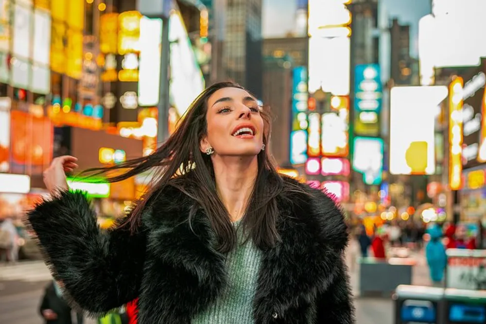 A joyful woman is playfully flipping her hair in a bustling city street illuminated by vibrant neon signs at dusk