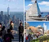 Visitors enjoy a panoramic view of a city skyline from a high vantage point with protective glass barriers