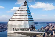 The image shows an architectural design of a modern, pyramid-shaped skyscraper with a viewing platform, set against a backdrop of an urban riverfront cityscape.