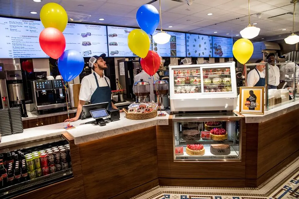 A neatly organized deli counter featuring a staff member various foods on display festive balloons and a menu board in the background