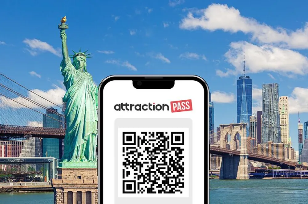 A smartphone displaying an attraction pass with a QR code is superimposed on a scenic backdrop featuring the Statue of Liberty and New York City skyline