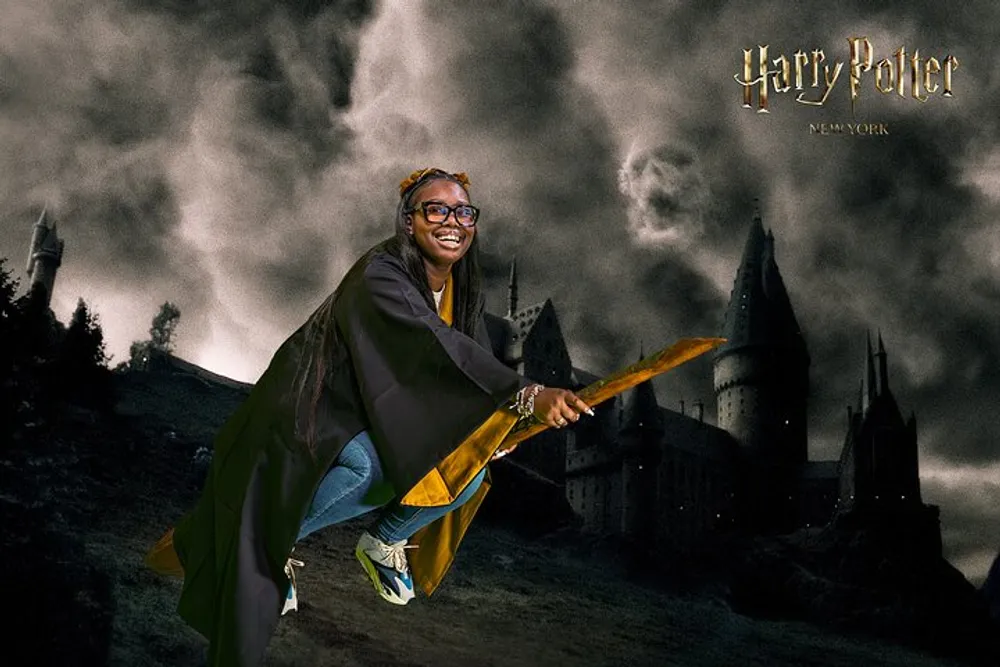 A person is posing with a broomstick as if flying dressed as a wizard with a castle background and Harry Potter text overhead creating a themed portrait inspired by the Harry Potter series