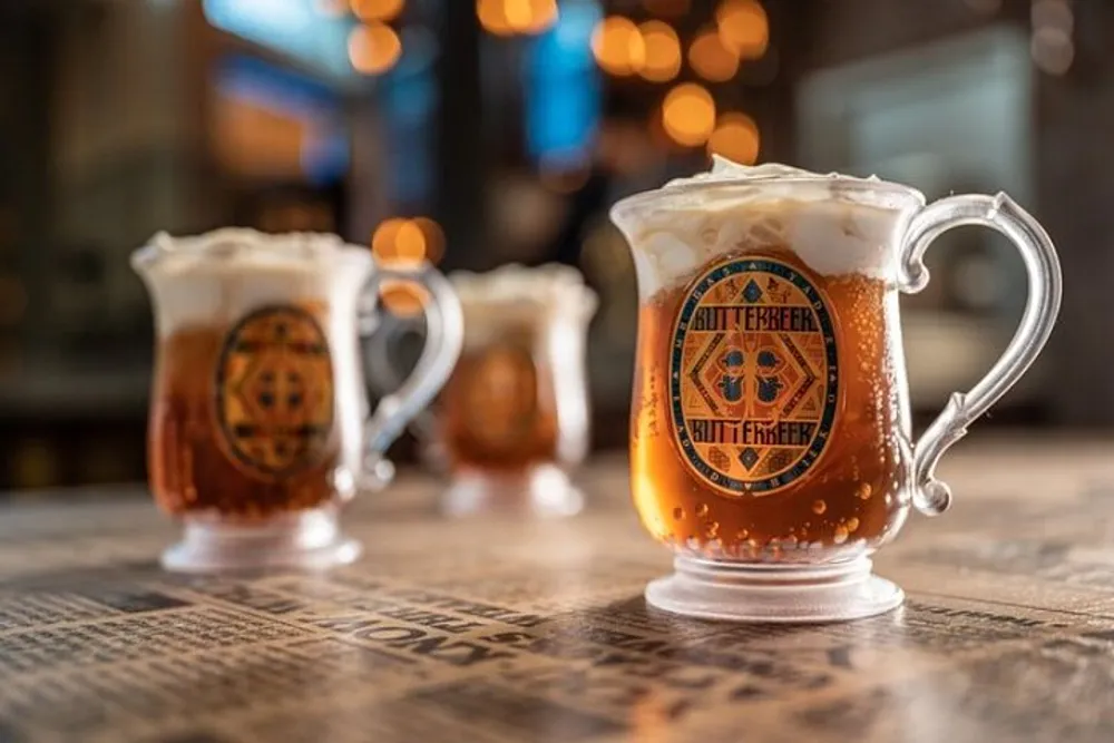 Three mugs of butterbeer with frothy heads are lined up on a tabletop evoking a warm inviting atmosphere perhaps inspired by the Harry Potter series