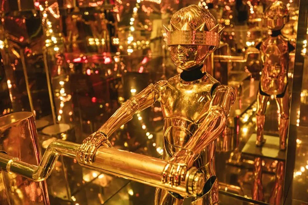 A golden humanoid figure with a reflective visor stands in a mirrored room filled with similarly golden figures and reflective surfaces creating an infinite reflection effect