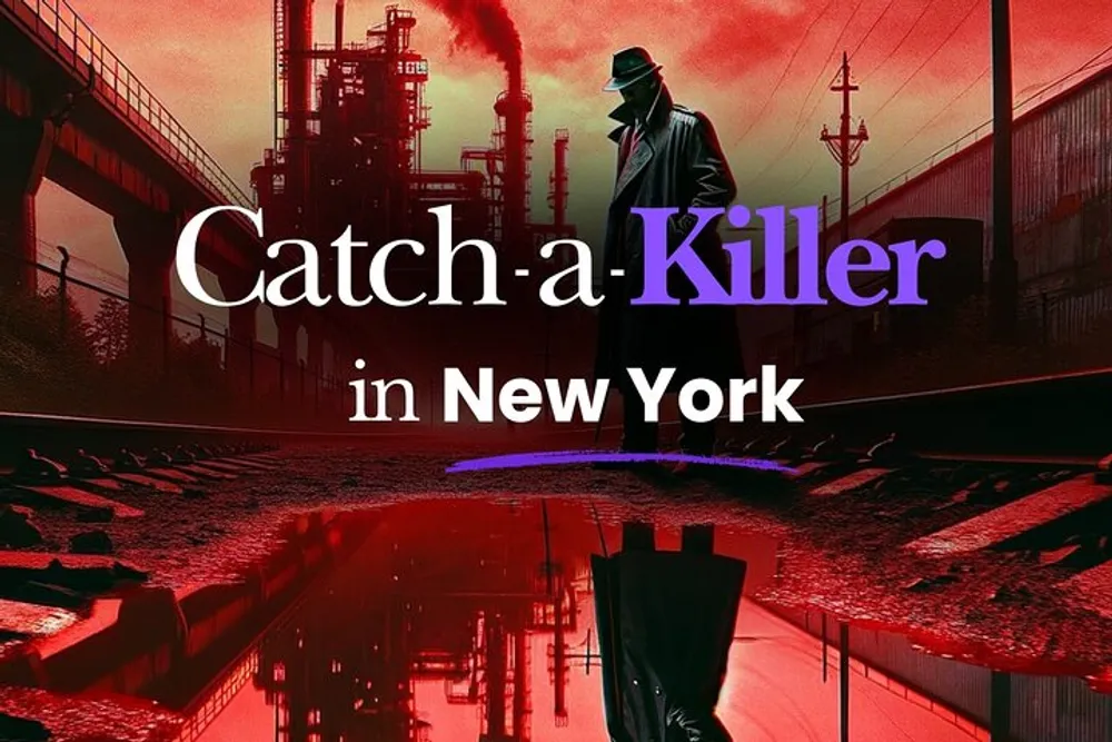 The image depicts a stylized promotional graphic for a crime-themed event or game featuring a silhouetted figure in a hat against an industrial backdrop with the phrase Catch-a-Killer in New York prominently displayed