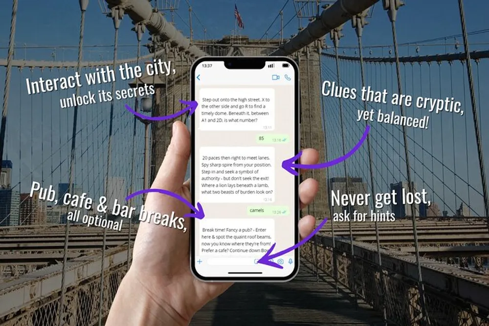 A hand is holding a smartphone displaying a treasure hunt or scavenger hunt app with annotations suggesting interactive exploration of the city with the backdrop of a bridge probably representing the real-world exploration connected to the app