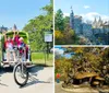 A group of people is cheerfully posing on a pedal-powered rickshaw-like vehicle in a park with tall buildings in the background