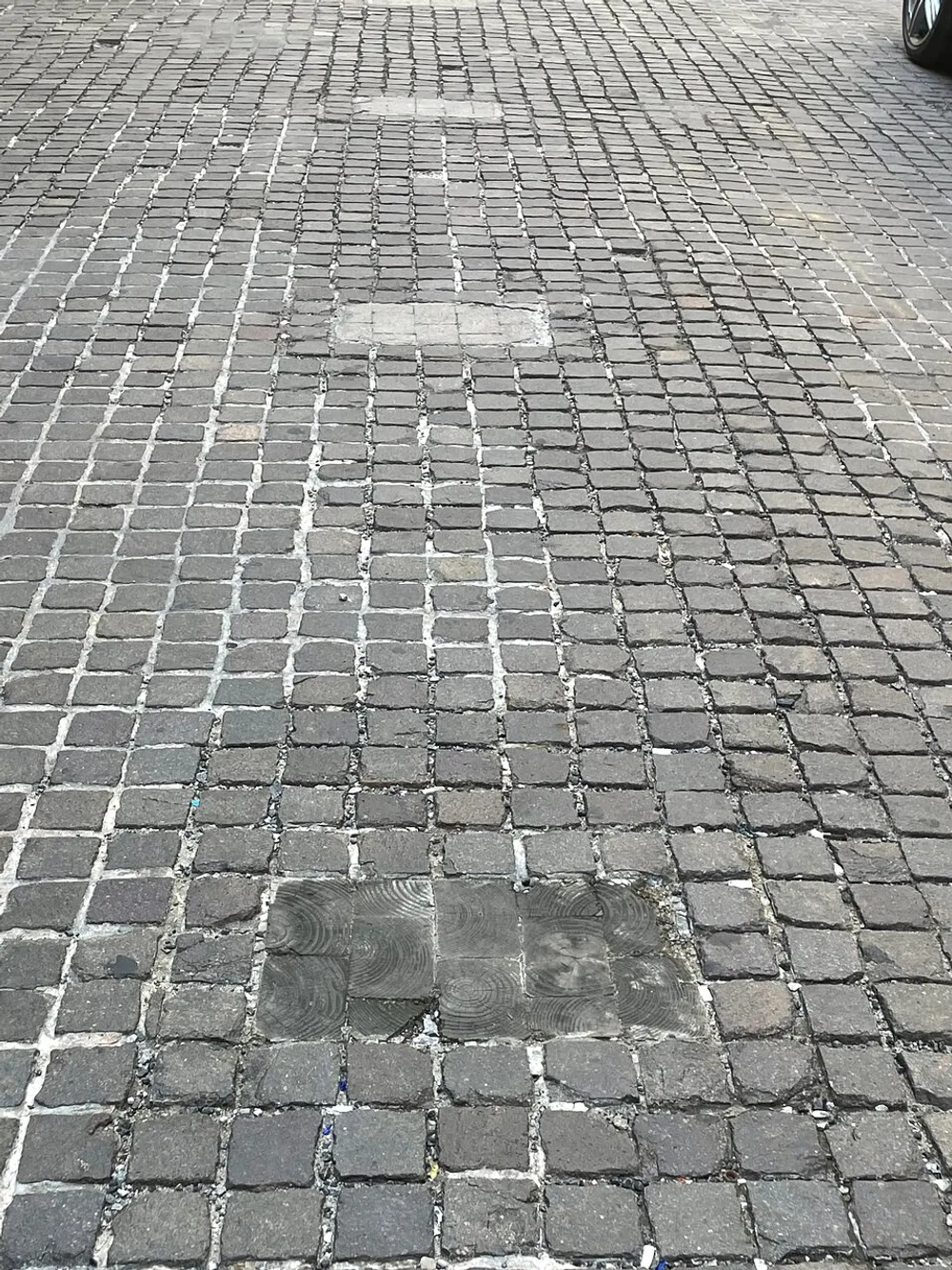 The image shows a section of cobblestone pavement with a pattern of painted white lines and a couple of utility access covers