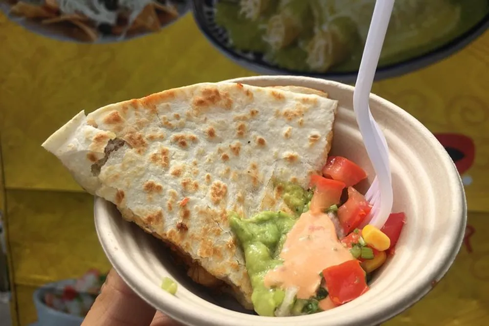 A person is holding a plate with a quesadilla and toppings of guacamole salsa and a spoonful of cream or cheese