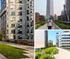 A modern urban park with wooden benches and walkways is nestled between contemporary apartment buildings on a sunny day