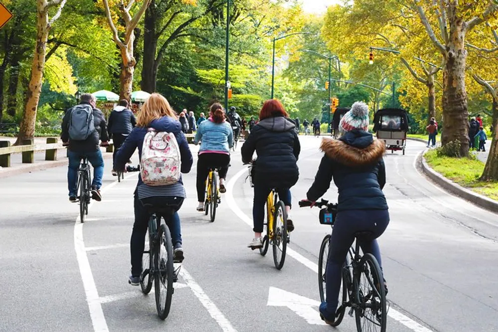 A group of people are cycling along a tree-lined road in what appears to be an urban park setting with autumn foliage