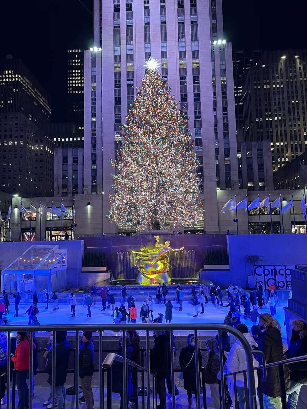 People ice skate in front of a large brightly lit Christmas tree at a nighttime outdoor rink in an urban setting