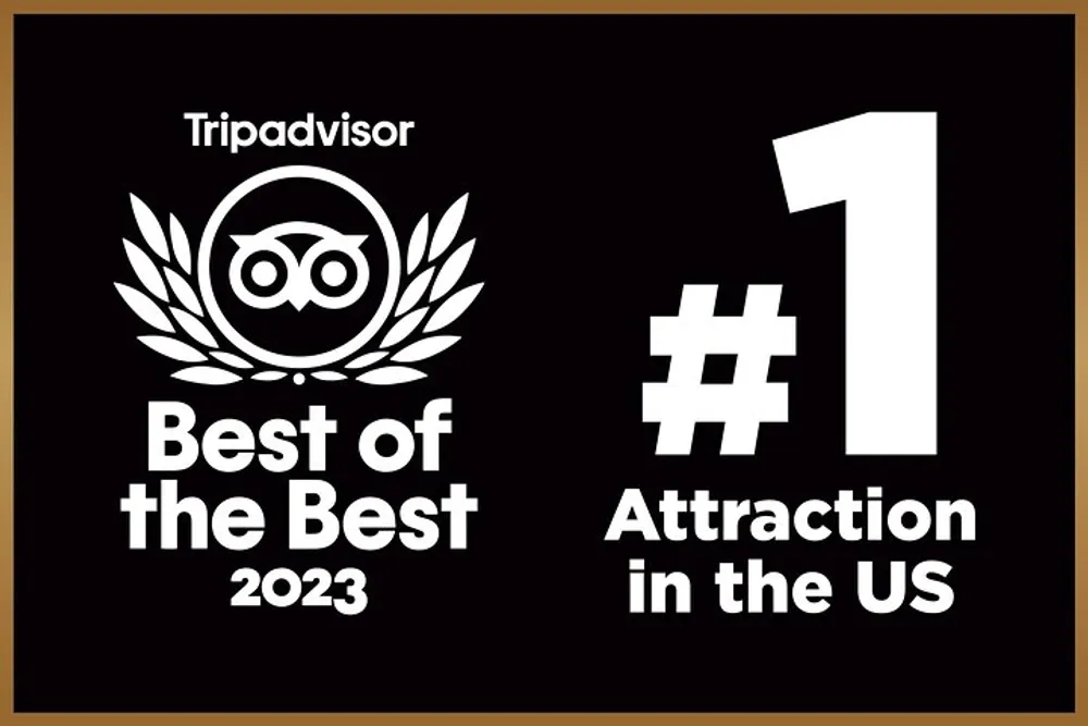 The image is a graphic indicating that TripAdvisor has awarded something as the 1 Attraction in the US in its Best of the Best for 2023