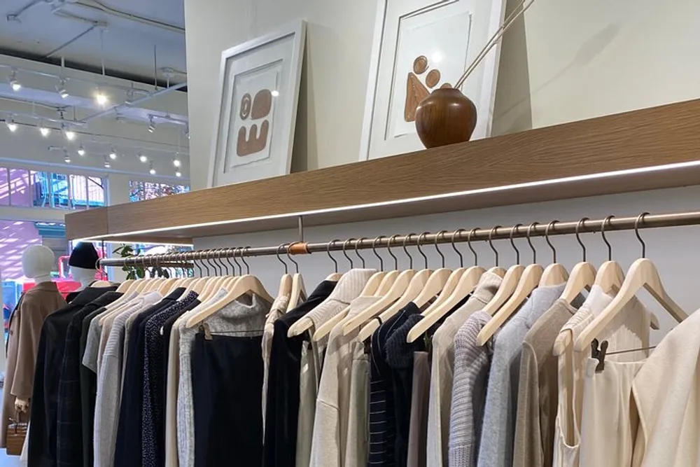 The image shows a neat and modern clothing display in a retail shop with garments hung on wooden hangers below abstract artwork