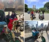 Three passengers are enjoying a festive pedicab ride with a driver dressed in a holiday-themed outfit giving a thumbs-up gesture