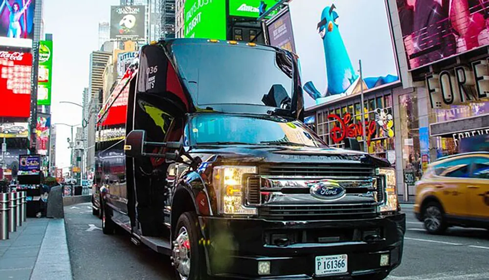 A black Ford truck with its hood open is parked on a busy street in Times Square amid bright digital billboards and passing traffic including a yellow cab