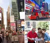 A couple is excitedly taking a selfie on a sightseeing bus in the bustling atmosphere of Times Square