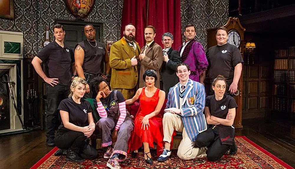 A diverse group of people in unique costumes poses in a room with vintage decor suggesting a theatrical or mystery-solving themed scenario