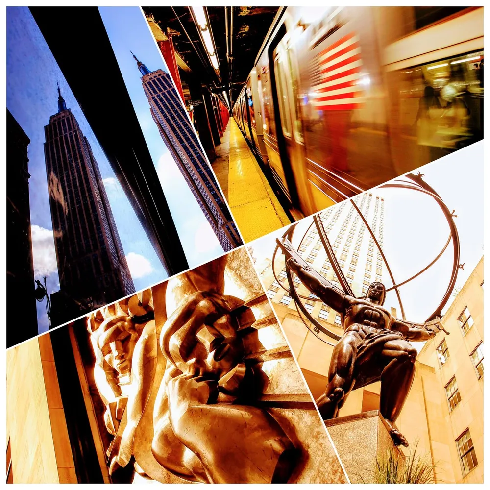 The image is a collage of iconic elements representing a bustling city including skyscrapers a fast-moving subway train and an imposing statue all captured in a warm vivid color palette