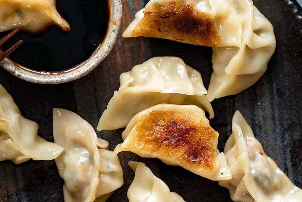 The image shows a plate of pan-fried dumplings next to a small bowl of dipping sauce