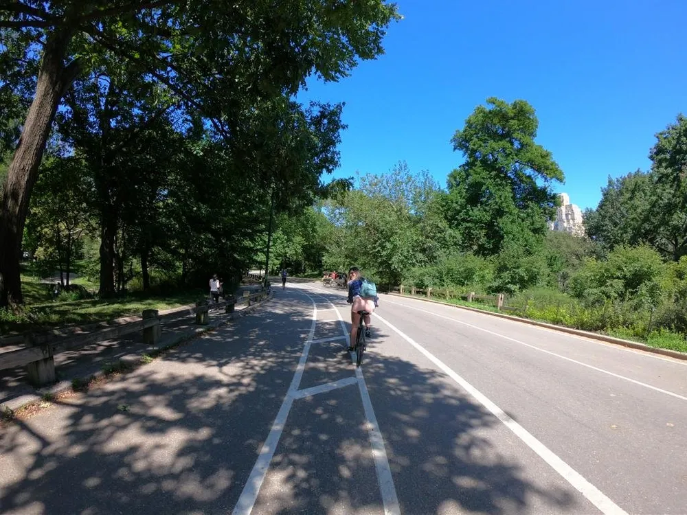 The image shows a sunny day with people cycling and walking along a tree-lined path possibly in an urban park with buildings visible in the background