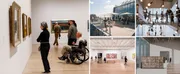 The image is a collage of four photos showcasing different scenes from a modern art museum, including interior galleries with visitors viewing artworks, an outdoor terrace cafe, and a multi-story area with hanging lights.