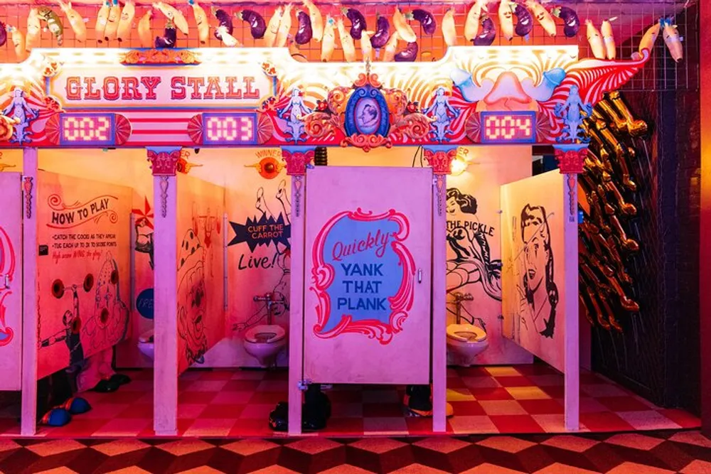 The image depicts a colorful and whimsically decorated carnival game stall with vibrant artwork and instructions on how to play featuring open doors to toilets used as part of the game