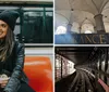 A smiling person wearing a beanie and leather jacket is seated inside a subway car with orange seats holding a phone