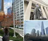 The image shows pedestrians walking through an urban park with colorful autumn foliage with a large abstract bronze sculpture in the background set against a backdrop of towering buildings