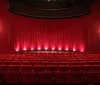 An empty theater with red seats facing a closed red curtain on the stage and ambient lighting